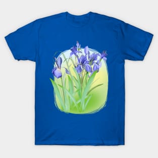 fresh irises on grass background, botanical composition T-Shirt